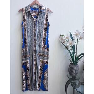 Emma and Michele Womens Geometric Blue Gold Front Button Midi Dress Sleeveless S